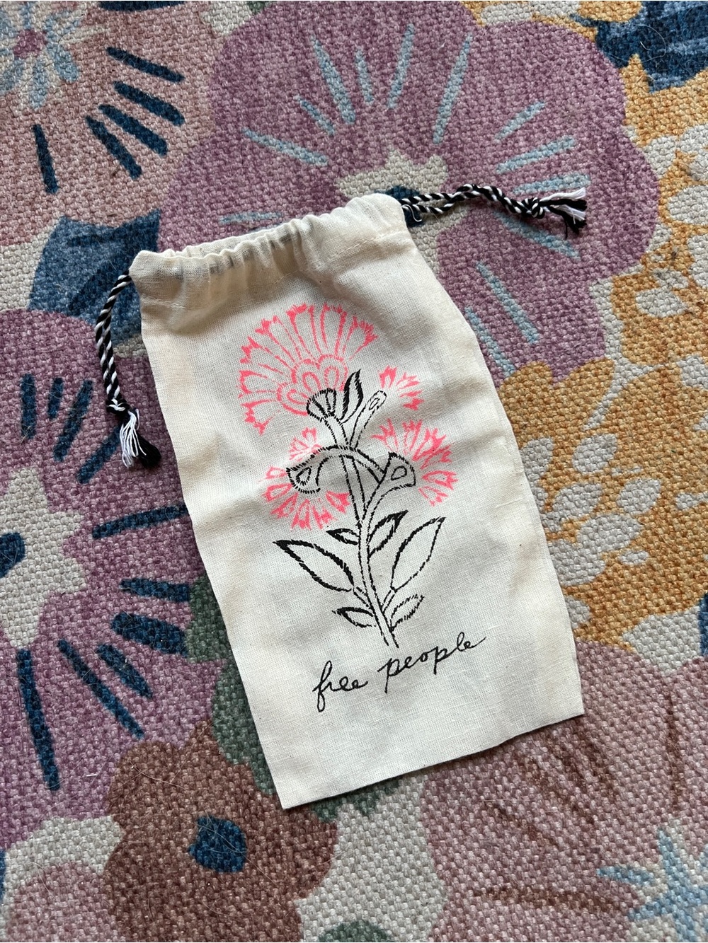 Free People Cream Drawstring Pouch with Pink & Black Floral Print